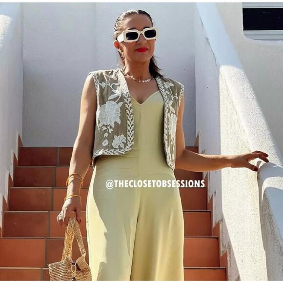 ZARA Embroidered Vest NWT | Khaki Open-Front Waistcoat Boho Chic M/L - Picture 13 of 16